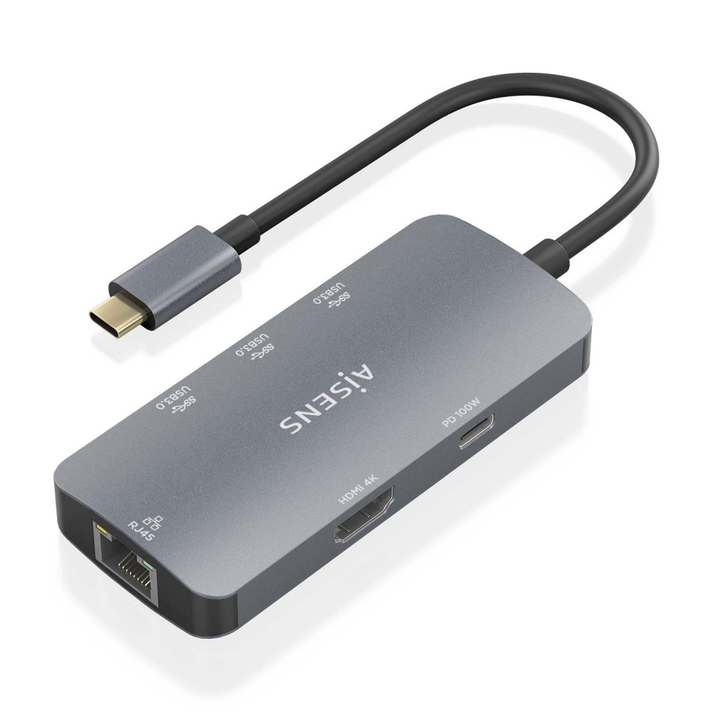 AISENS USB-C Dock 6 En 1, USB-C a 1xHDMI, 1xRJ45, 3xUSB-A, 1xUSB-C PD, Gris, 15cm