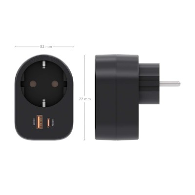AISENS Regleta De Pared Multifuncion Con 1 Toma + 1xUSB-C 20W PD3.0, 1xUSB-A 20W QC3.0, Negro