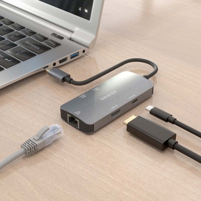 AISENS USB-C Dock 6 En 1, USB-C a 1xHDMI, 1xRJ45, 3xUSB-A, 1xUSB-C PD, Gris, 15cm