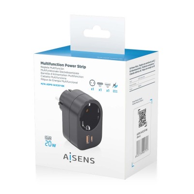 AISENS Regleta De Pared Multifuncion Con 1 Toma + 1xUSB-C 20W PD3.0, 1xUSB-A 20W QC3.0, Negro