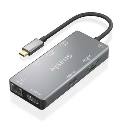 AISENS USB-C Dock 9 En 1, USB-C a 2xHDMI, 1xRJ45, 2xUSB-A USB3.0, 1xUSB-A USB2.0, 1xUSB-C PD, 1xSD, 1xMicro SD, Gris, 15cm