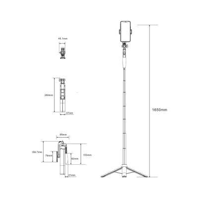 AISENS Palo Tripode Para Selfie Con Mando A Distancia Bluetooth 3 En 1, Negro