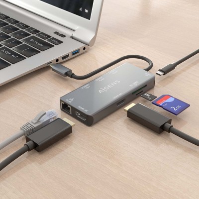 AISENS USB-C Dock 9 En 1, USB-C a 2xHDMI, 1xRJ45, 2xUSB-A USB3.0, 1xUSB-A USB2.0, 1xUSB-C PD, 1xSD, 1xMicro SD, Gris, 15cm