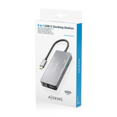AISENS USB-C Dock 9 En 1, USB-C a 2xHDMI, 1xRJ45, 2xUSB-A USB3.0, 1xUSB-A USB2.0, 1xUSB-C PD, 1xSD, 1xMicro SD, Gris, 15cm