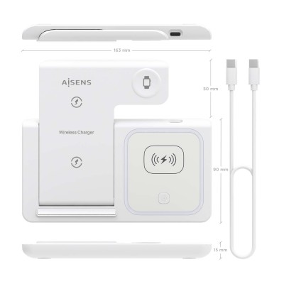 AISENS Cargador Inalambrico USB-C 3 En 1 De 15W Para Movil, Apple Watch, Ariculares Con Estuche De Carga, Blanco