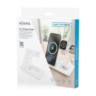 AISENS Cargador Inalambrico USB-C 3 En 1 De 15W Para Movil, Apple Watch, Ariculares Con Estuche De Carga, Blanco