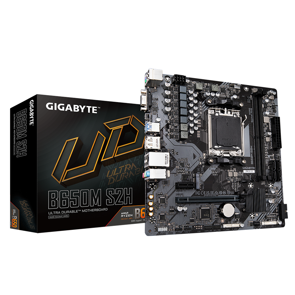 GIGABYTE B650M S2H Placa base - AMD Ryzen serie 9000, VRM de 5+2+2 fases, hasta 6400 MHz DDR5 (OC), 1xPCIe 4.0 M.2, LAN GbE, US
