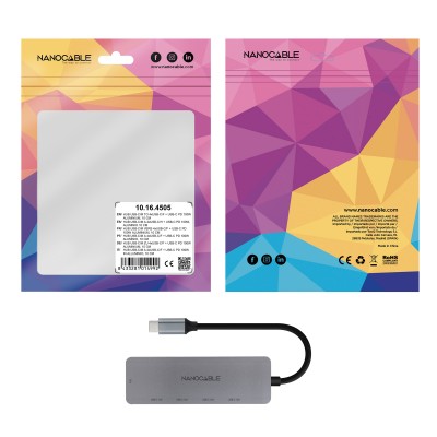 Nanocable Hub USB-C macho a 4 x USB-C hembra + USB-C PD 100W, Aluminio 10 cm, Gris