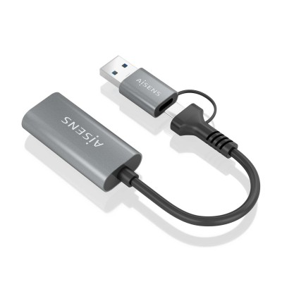 AISENS Conversor Aluminio USB-A+USB-C A HDMI 1080P@60Hz, USB-AM+USB-CM-HDMIH, Gris, 15cm