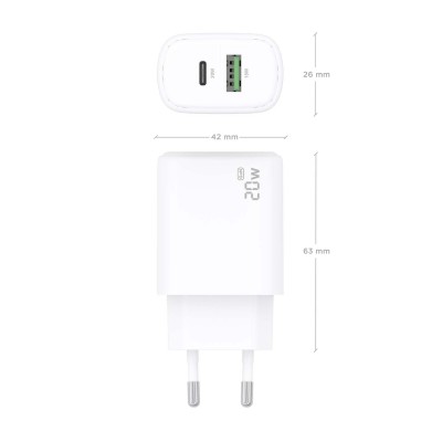AISENS Cargador GaN 20W, 1xUSB-C PD3.0, 1xUSB-A QC3.0, Blanco