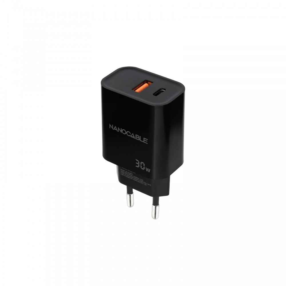 Nanocable Cargador USB-CPD + USB-AQC 30W, Negro