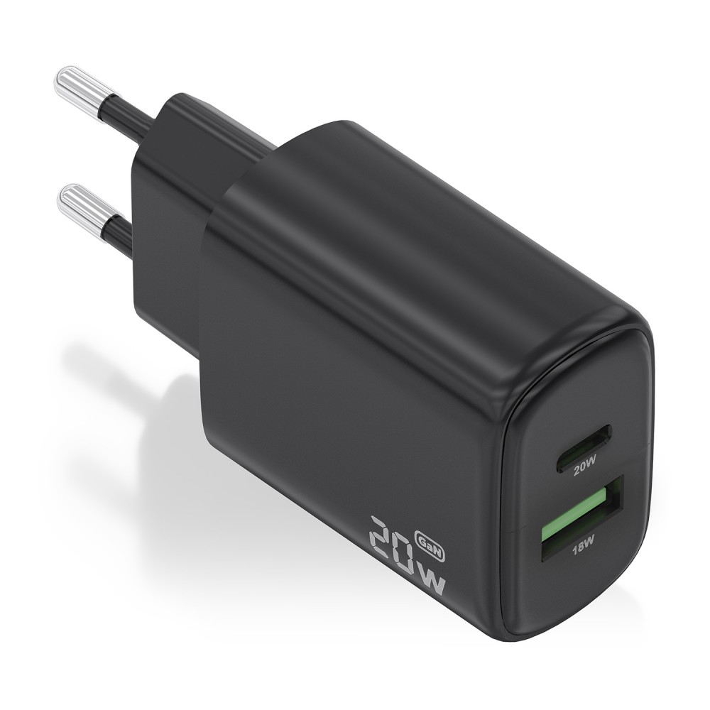 AISENS Cargador GaN 20W, 1xUSB-C PD3.0, 1xUSB-A QC3.0, Negro