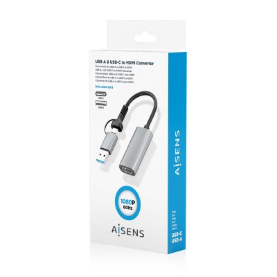 AISENS Conversor Aluminio USB-A+USB-C A HDMI 1080P@60Hz, USB-AM+USB-CM-HDMIH, Gris, 15cm