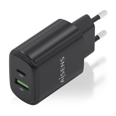 AISENS Cargador GaN 20W, 1xUSB-C PD3.0, 1xUSB-A QC3.0, Negro