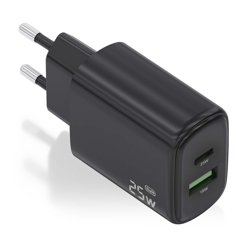 AISENS Cargador GaN 25W, 1xUSB-C PD3.0, 1xUSB-A QC3.0, Negro