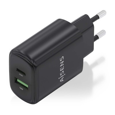 AISENS Cargador GaN 25W, 1xUSB-C PD3.0, 1xUSB-A QC3.0, Negro
