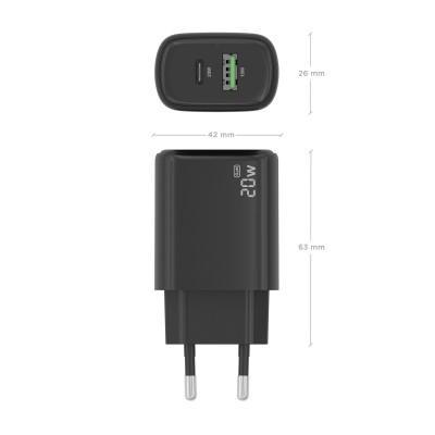 AISENS Cargador GaN 20W, 1xUSB-C PD3.0, 1xUSB-A QC3.0, Negro