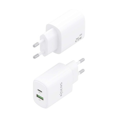 AISENS Cargador GaN 25W, 1xUSB-C PD3.0, 1xUSB-A QC3.0, Blanco