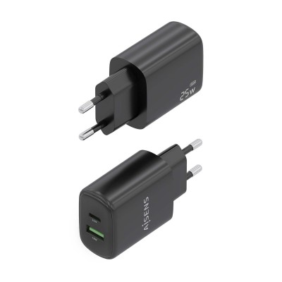 AISENS Cargador GaN 25W, 1xUSB-C PD3.0, 1xUSB-A QC3.0, Negro