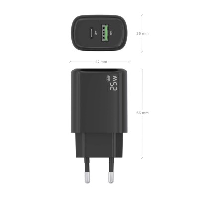 AISENS Cargador GaN 25W, 1xUSB-C PD3.0, 1xUSB-A QC3.0, Negro