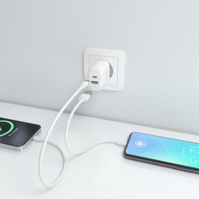 AISENS Cargador GaN 25W, 1xUSB-C PD3.0, 1xUSB-A QC3.0, Blanco