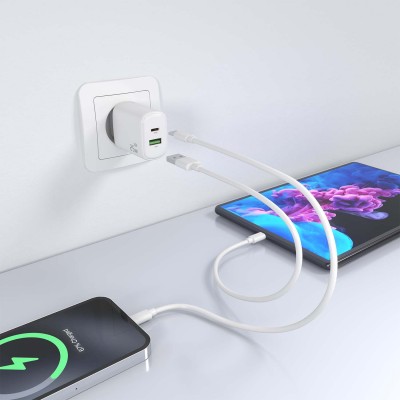 AISENS Cargador GaN 25W, 1xUSB-C PD3.0, 1xUSB-A QC3.0, Blanco