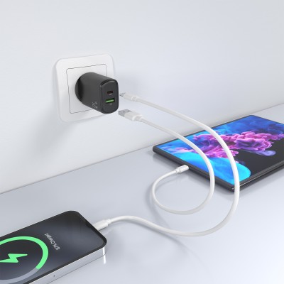 AISENS Cargador GaN 25W, 1xUSB-C PD3.0, 1xUSB-A QC3.0, Negro