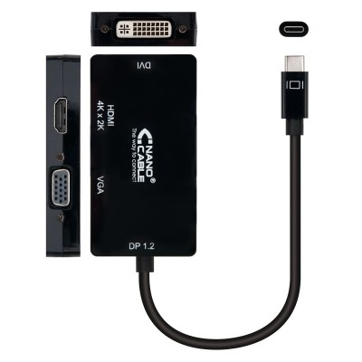 Nanocable Conversor USB-C a VGA  DVI  HВЬШ, 3 En 1. USB-CM-VGAH-DVIH-HDMIH 4K, Negro, 10 cm