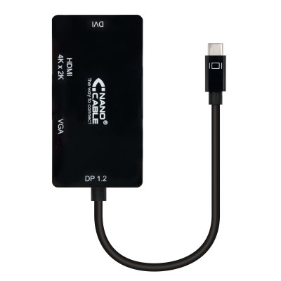 Nanocable Conversor USB-C a VGA  DVI  HВЬШ, 3 En 1. USB-CM-VGAH-DVIH-HDMIH 4K, Negro, 10 cm