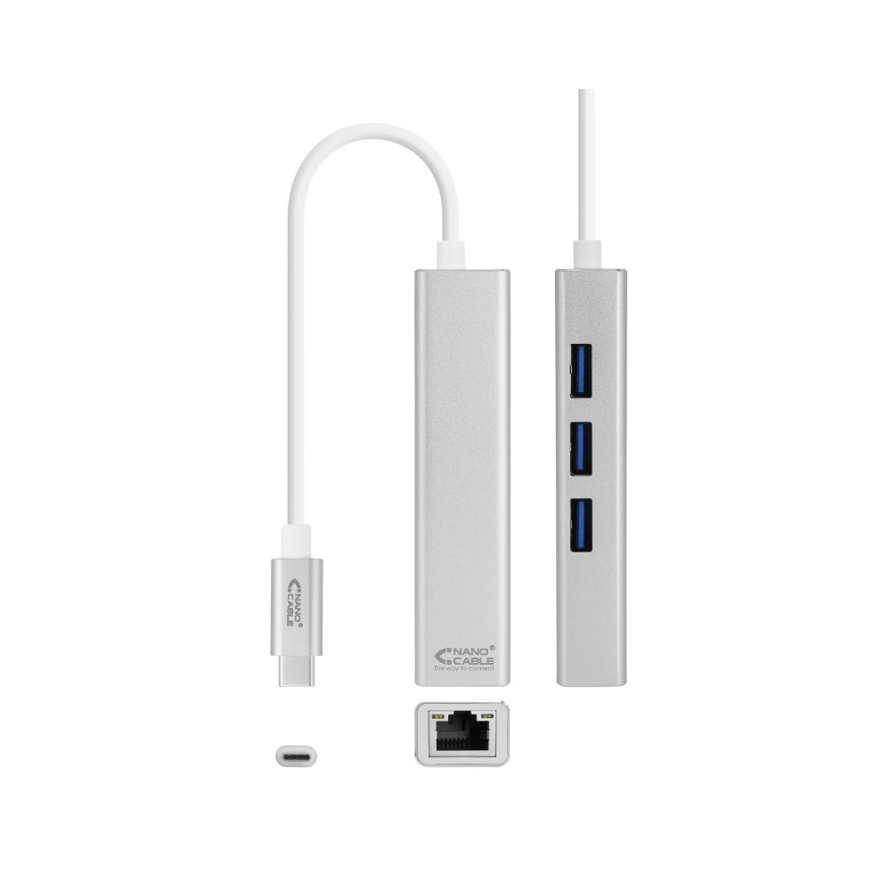 Nanocable Conversor USB-C a Ethernet Gigabit + 3xUSB 3.0, Plata, 15 cm