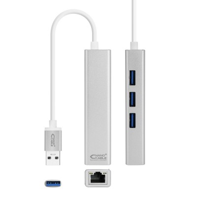 Nanocable Conversor USB 3.0 a Ethernet Gigabit + 3xUSB 3.0, Plata, 15 cm