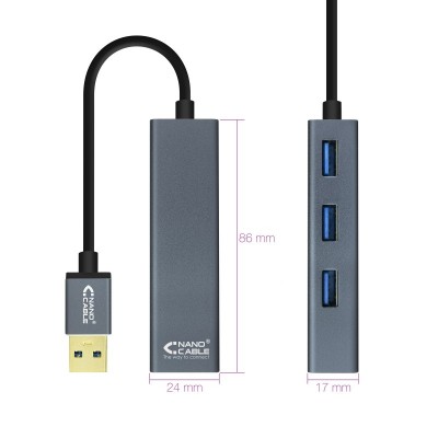 Nanocable USB 3.0 4xUSB3.0. USB-AM-USB 3.0H, Gris, 10 cm
